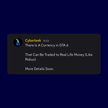 A Discord message from Cyberleek at 16:06 announces that "There Is A Currency in GTA 6 That Can Be Traded to Real Life Money (Like Robux)," with "More Details Soon." This supports the post's implication of an "insta ape" launch reaction, suggesting the rumored tradable in-game currency could spark immediate high demand similar to Robux.