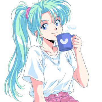 An anime-style illustration depicts a cheerful girl with long turquoise hair in twin tails, holding a steaming blue mug with a heart design.