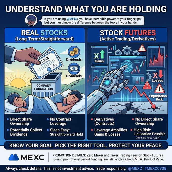 A promotional infographic for MEXC titled 'UNDERSTAND WHAT YOU ARE HOLDING', comparing 'REAL STOCKS (Long-Term/Straightforward)' with 'STOCK FUTURES (Active Trading/Derivatives)' through illustrations of sleeping people versus risky robotic trading.