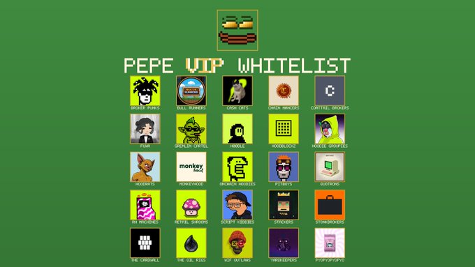 A pixel art graphic titled 'PEPE VWP WHITELIST' displaying a grid of various NFT project icons including Bull Runners, Punks, Y00ts, and others on a green background.