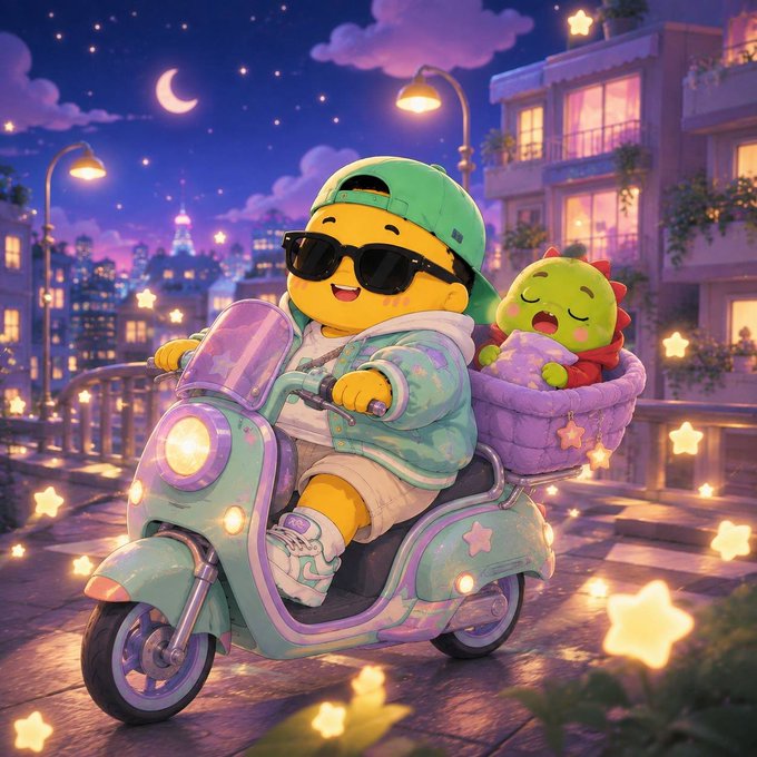 An illustration of a cute yellow character wearing a green cap, sunglasses, and hoodie riding a pastel mint scooter at night through a starry city street, with a green dinosaur plush in the back basket.