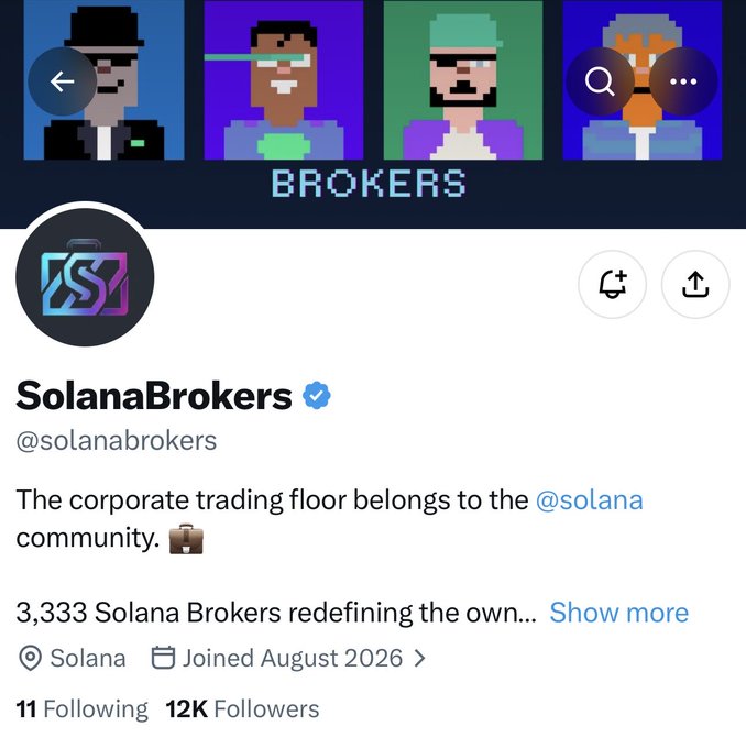 The image shows the Twitter/X profile page for "SolanaBrokers" (@solanabrokers), a verified account featuring pixel-art avatars of "BROKERS" and announcing a free mint of 3,333 Solana Brokers NFTs, which aligns with the post promoting the upcoming NFT mint and seeking support from the community.