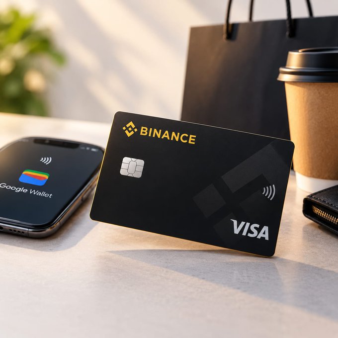A black Binance Visa credit card with gold lettering sitting on a light surface next to a smartphone displaying Google Wallet and a brown paper coffee cup.