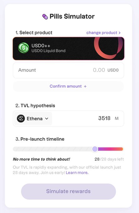 The image shows a "Pills Simulator" interface for the $APYX token project, featuring a product selection (USD0++ USD0 Liquid Bond), a TVL hypothesis of 3518M (Ethena), and a pre-launch timeline showing 28/28 days left with a "Simulate rewards" button, which relates to the APYX airdrop calculator mentioned in the post for estimating potential rewards before the official launch.