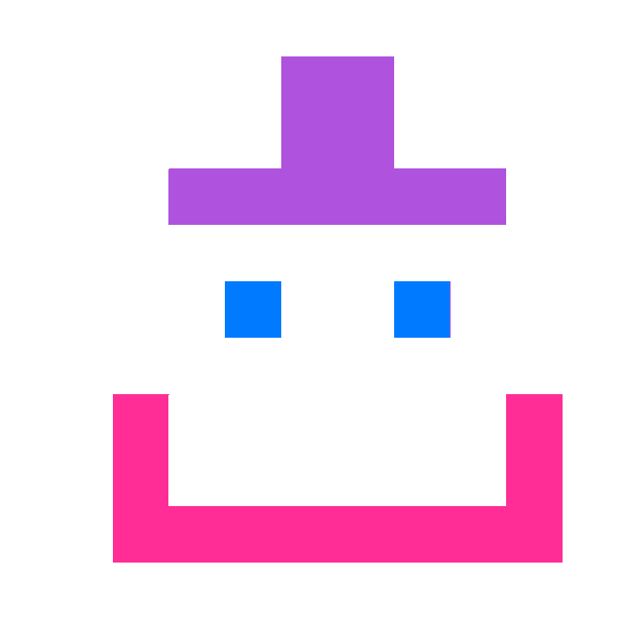 A minimalist pixel-art style face with a purple top section, two blue square eyes, and a wide pink smile against a white background.
