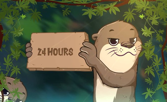 A cartoon otter-like character holds up a wooden sign that reads 'Z4 HOURS' in a leafy environment.