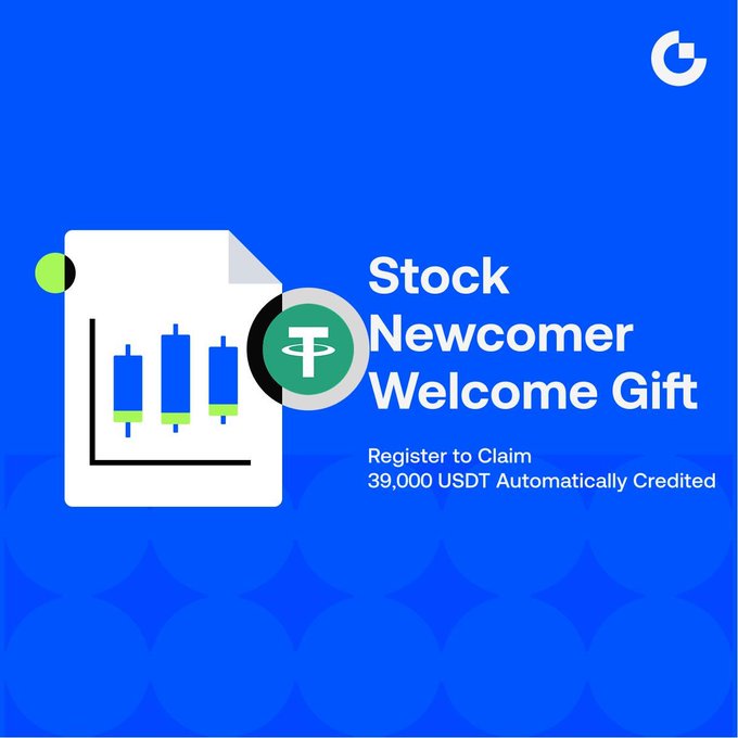 A blue promotional advertisement for a 'Stock Newcomer Welcome Gift' offering 39,000 USDT automatically credited upon registration, featuring a stock chart document icon and a Tether (USDT) coin logo.