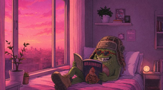An illustration of a green character wearing a trapper hat and heart-shaped sunglasses reading a book titled "BRAINROT" while lounging on a bed, with a pink sunset cityscape visible through a large window.