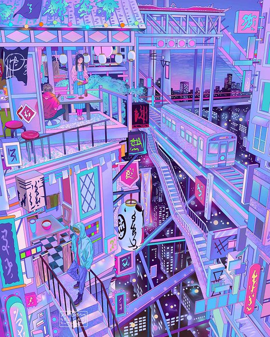 A pastel-colored cyberpunk cityscape features a glowing elevated train winding through neon signs and a rooftop café where two people share a meal, paired with a "gm" greeting to evoke a vibrant start to the day.