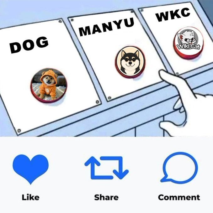 The image depicts a choice between three meme coins: DOG, MANYU, and WKC, with a hand poised to make a selection. This directly relates to the accompanying post asking users to share their best #memecoin picks.