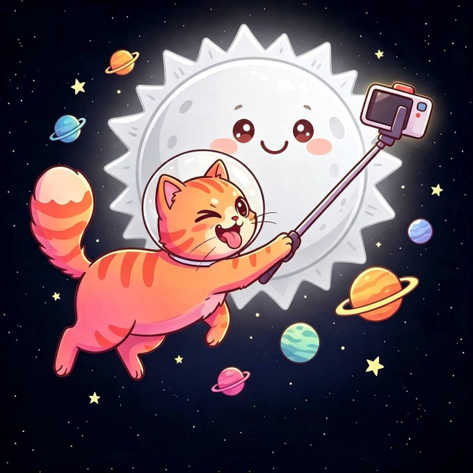A cute cartoon illustration of an orange tabby cat wearing a space helmet taking a selfie with a smiling sun, surrounded by colorful planets and stars in outer space.