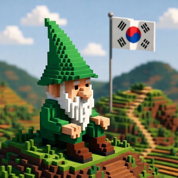 A 3D voxel/Minecraft-style rendering of a garden gnome with a green pointed hat and green outfit, standing on grass with a South Korean flag waving in the background against a mountainous landscape.