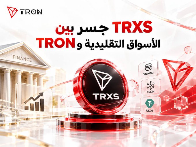The image is a promotional graphic featuring the TRON logo, a classical "FINANCE" building, a glowing TRXS coin, and icons representing Staking, TRON, and USDT, with Arabic text reading "TRXS جسر بين TRON الأسواق التقليدية" (TRXS: a bridge between TRON and traditional markets). It visually illustrates the post's message by symbolizing TRXS as a connector between blockchain innovation and traditional finance.