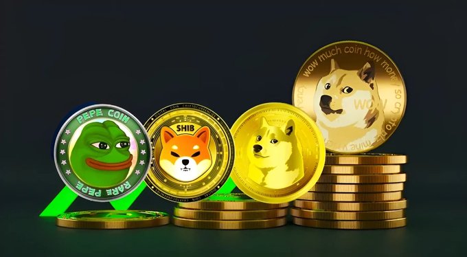 A 3D render displays a stack of golden coins featuring memes like Dogecoin and Pepe, with green upward-trending arrows indicating rising cryptocurrency value against a dark background.