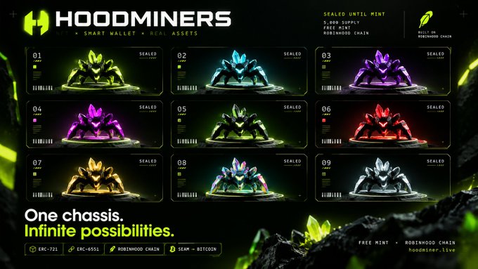 The image showcases the HoodMiners NFT collection, featuring nine colorful armored "Miner" characters labeled 01-09, each marked "SEALED" with unique color variants (yellow, blue, purple, red, gold, silver, and others). It highlights key details including "5,000 SUPPLY," "FREE MINT," and "SEALED UNTIL MINT" on Robinhood Chain, directly supporting the post's message about NFTs functioning as smart wallets.