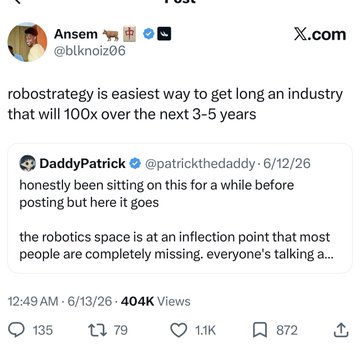 The image shows a tweet from @blknolz06 (Ansem) quoting a post by @patrickthedaddy about the robotics space being at an inflection point, with Ansem adding "roborstrategy is easiest way to get long an industry that will 100x over the next 3-5 years." This relates to the accompanying post by highlighting Ansem's bullish stance on robotics investing, reinforcing the thesis that ROBA is positioned to benefit from the projected 100x growth in the robotics industry.