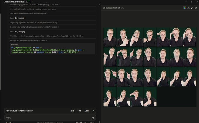 A livestream overlay design workspace displaying a grid of reference images showing various hand gestures and facial expressions, alongside code and instructions for adding healthy skin tones.