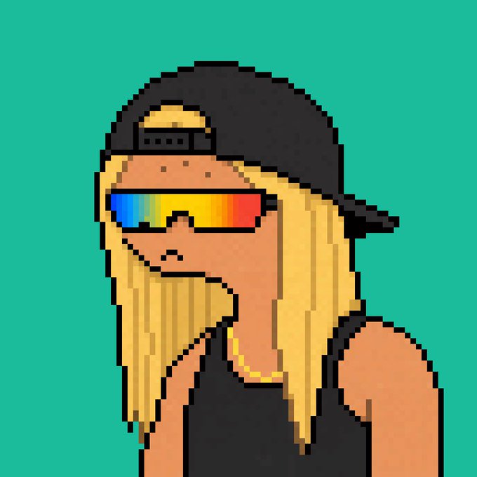 A pixel art illustration of a blonde-haired man with a beard wearing a backwards black cap, a black tank top, and sunglasses reflecting a rainbow pattern.