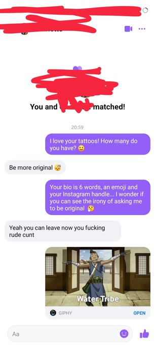 The image shows a screenshot of a text message conversation between two people, with one person's name being "You" and the other person's name being "Water Tribe". The text messages are written in purple and red colors, and they include emojis that add a fun element to their conversation. One of the messages reads: "Your tattoo is awesome! How many tattoos do you have? Twenty-two!". This message seems to be a playful response from one person to another's question about the number of tattoos they have. The image also contains a caption that says "Water Tribe" and an image of a man with a sword, which could be related to their conversation or just a random element in the image.