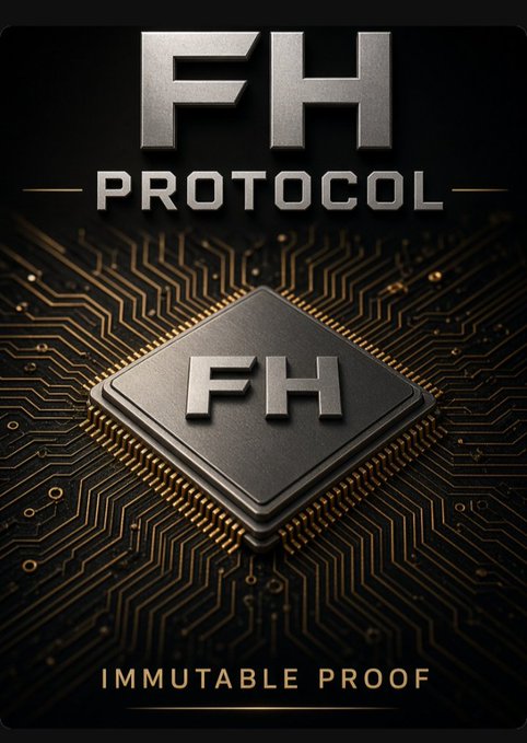 A promotional image for "FH PROTOCOL" features a metallic "FH" chip on a circuit board pattern with the tagline "IMMUTABLE PROOF" at the bottom.