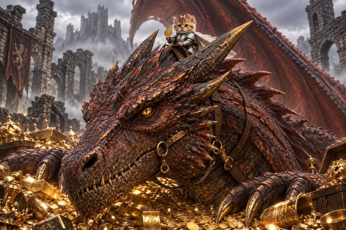 A fantasy digital artwork depicting an armored cat knight riding atop a massive red dragon resting on a hoard of gold coins.