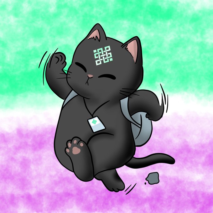 An animated black cat with a digital QR-code-like pattern on its forehead dances joyfully against a green and purple tie-dye background.