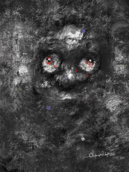 A dark, haunting monochromatic portrait of a face with hollow eyes containing red details, signed 'Olaph' in the corner.
