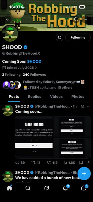 A Twitter/X profile screenshot for $HOOD (@RobbingTheHoodX), a "Coming Soon" meme coin project, displaying 340 Followers and 3 Following, with a pinned post announcing "THE HOOD" drop on February 2026. The Solana contract address and "Thanks Lyxx" tag in the post serve as the project's official launch announcement shared across crypto communities.