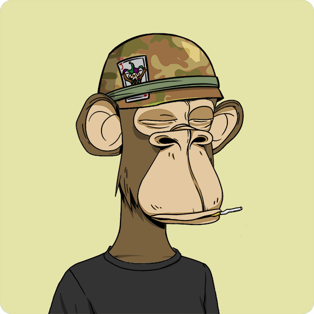 A cartoon illustration of a Bored Ape-style monkey wearing a camo military cap and black t-shirt, smoking a cigarette against a pale yellow background.