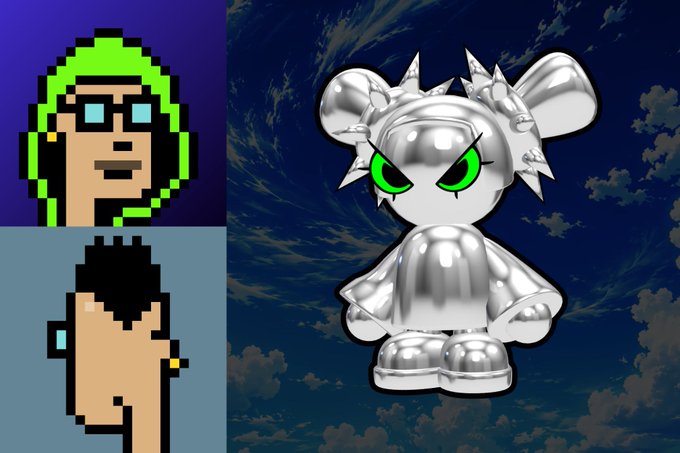 A collage featuring pixel art characters wearing green hooded outfits and blue sunglasses, alongside a silver metallic robotic figure with green eyes and mouse-like ears against a sky background.