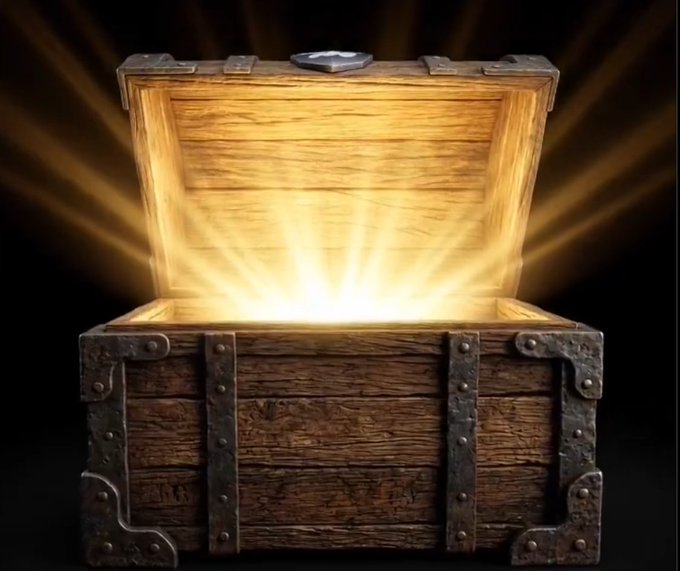 A digital illustration of a glowing wooden treasure chest with metal reinforcements, open to reveal golden light radiating from within against a black background.