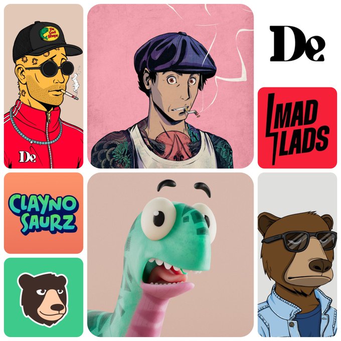A collage of NFT-style character art including 'De' (a man in a red tracksuit with sunglasses and a Basquiat cigar), 'MAD LADS', 'CLAYNO SAURZ' text, a green dinosaur, and bears wearing sunglasses.