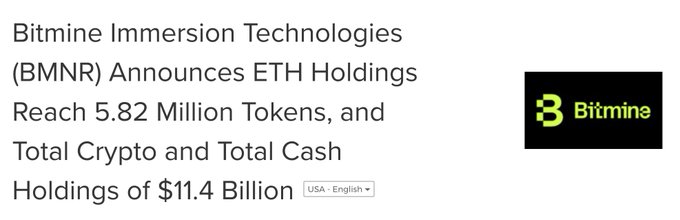 The image displays a headline announcing that Bitmine Immersion Technologies (ticker: BMNR) has reached ETH holdings of 5.82 million tokens, with total crypto and cash holdings valued at $11.4 billion, alongside the company's logo and a language selector set to USA-English. This corresponds with the post's report that BitMine acquired an additional 9,926 ETH in the past week, bringing its holdings to 5,815,164 ETH (about 4.8% of Ethereum's supply).