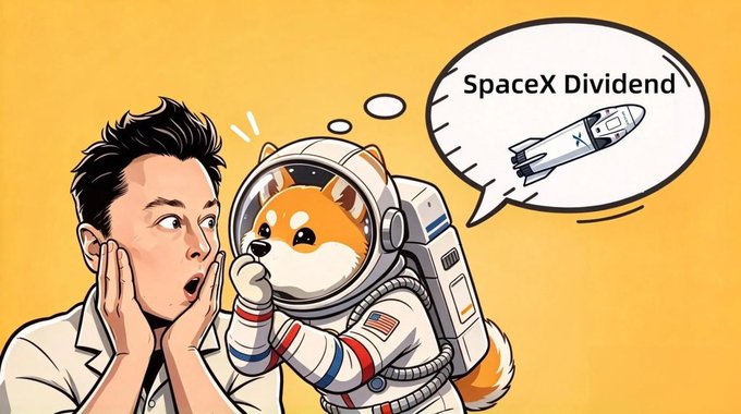 A cartoon illustration of Elon Musk looking shocked with his hands on his cheeks as a Shiba Inu dog in an astronaut suit whispers to him. A speech bubble reads "SpaceX Dividend" next to a rocket.