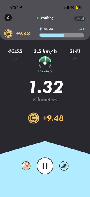 A walking tracking app shows 1.32 kilometers covered at 3.5 km/h in 40:55, earning +9.48 energy tokens.