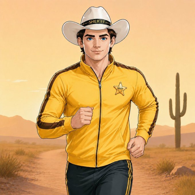 A stylized illustration of a young sheriff wearing a cowboy hat labeled "SHERIFF" and a yellow tracksuit jacket with a sheriff's star badge, jogging through a desert landscape with a cactus and sunset sky in the background—capturing the energetic "good morning, happy weekend" vibe.