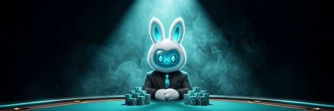 A mascot character wearing a bunny hat and a suit sits at a poker table illuminated by a spotlight, surrounded by stacks of blue chips and smoky haze, evoking a high-stakes crypto giveaway. The image complements the GTD airdrop post for @EtherBubu by visually representing the chance to "win big" and cash in on the 12-hour event.