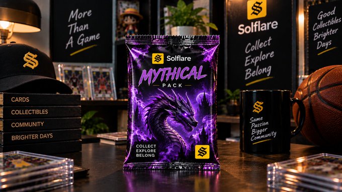 A purple 'MYTHICAL PACK' trading card pack with a dragon design sits on a desk alongside a 'Solflare' mug, a cap, a basketball, and other merchandise.