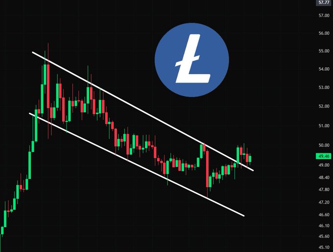A candlestick chart of Litecoin (#LTC) showing a descending parallel channel pattern, with the price currently at 49.46 and retesting the upper boundary line of the channel near $50, supporting the post's question about a potential upside continuation.