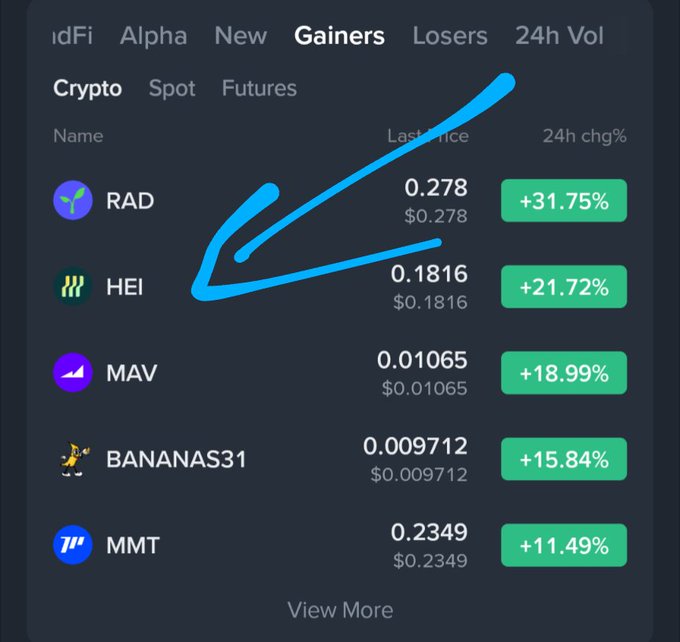 A crypto exchange 'Gainers' list showing RAD (+31.75%), HEI (+21.72%), MAV (+18.99%), BANANAS31 (+15.84%), and MMT (+11.49%), with a blue hand-drawn checkmark over RAD and HEI.