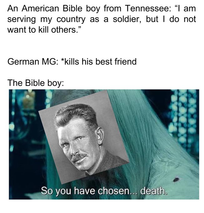 A meme featuring text about 'An American Bible boy from Tennessee' who doesn't want to kill, contrasted with 'German MG' killing his best friend, followed by an image of Denzel Washington's character from The Book of Eli declaring 'So you have chosen... death.'