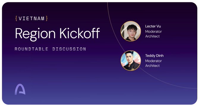 The image features a purple background with two men's faces displayed against it. The text "Region Kickoff" is written above the faces, while the words "roundtable discussion" are below them. There are also two circles containing the names of the speakers, one on top and another at the bottom right corner of the image.