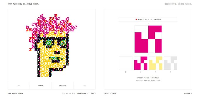 A two-panel image showing a pixel art rendering of a portrait labeled "PUNK #8670" and a decrypted message reading "I CAN SEE US DESTROYED CMYK" using CMY+K colors.