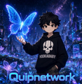 An anime-style illustration features a dark-haired character holding a glowing blue butterfly, with the "Quipnetwork" logo displayed at the bottom. The mystical, fantasy imagery complements the post about Quip Season 4 by visually evoking the magical, gamified nature of the network's ecosystem and its various participation rewards.