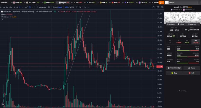 A CoinPecker trading chart for wojak/WETH showing candlestick price action with token statistics including $0.634K liquidity, $17.5M FDV, and $17.5M market cap.