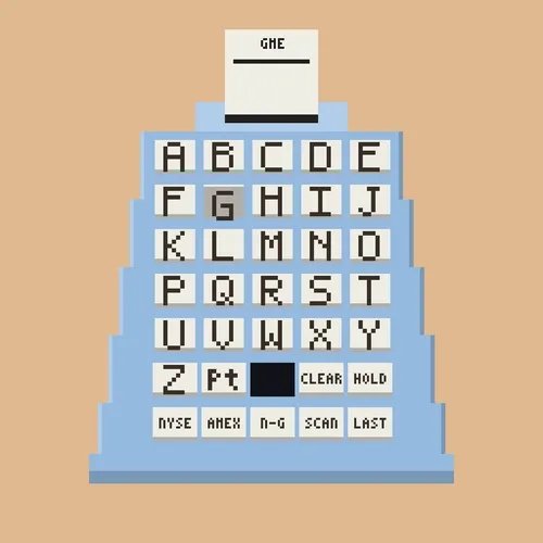 A pixel art illustration of a Quotron stock ticker terminal featuring a full QWERTY-style keyboard with a paper printout displaying "GME." The image relates to the post by showcasing a digital NFT version of the vintage Quotron machine, which historically delivered stock price quotes via ticker tape, tying in with the cryptocurrency valuation comparisons of physical versus NFT Quotrons.