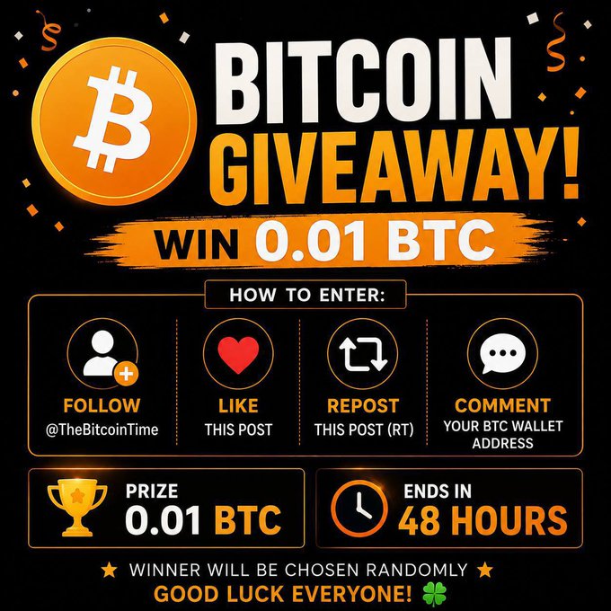 A promotional graphic for a Bitcoin giveaway by @TheBitcoinTime, offering a 0.01 BTC prize to one randomly selected winner. The image displays instructions to follow the account, like, repost, and comment a BTC wallet address, with the contest ending in 48 hours.