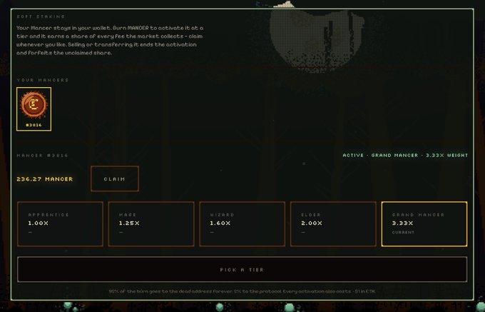 A dark-themed NFT minting interface showing 'MANCER BOWLS' with 236.27 available, tier options including Apprentice (1.00X), Mage (1.25X), Wizard (1.60X), Elder (2.00X), and Grand Mancer (3.33X), with 'GRAND MANCER 3.33X' currently selected.