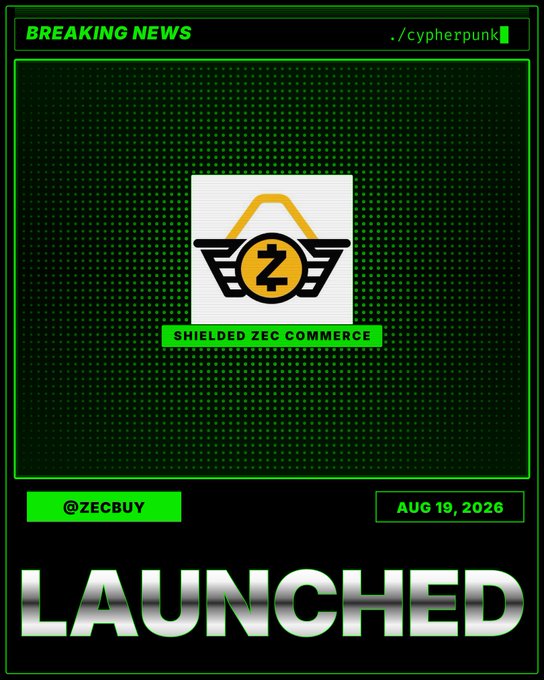 A cyberpunk-style "Breaking News" graphic announces the launch of @zecbuy with a "Shielded ZEC Commerce" logo, dated August 19, 2026, displaying the bold text "LAUNCHED" to promote the new platform enabling private purchases of Mullvad VPN subscriptions and eSIMs using shielded Zcash (ZEC).