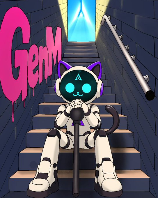 A robotic cat-like figure with glowing cyan eyes sits on a staircase holding a staff, beneath the stylized pink dripping text "Gem" and an illuminated doorway above, symbolizing the journey from raw intelligence to trusted judgment. The image visually echoes the post's theme of ascending through layers toward a moment of clarity, mirroring GenLayer's role as the foundational "judgment layer" where autonomous agents reach decisions worthy of trust.